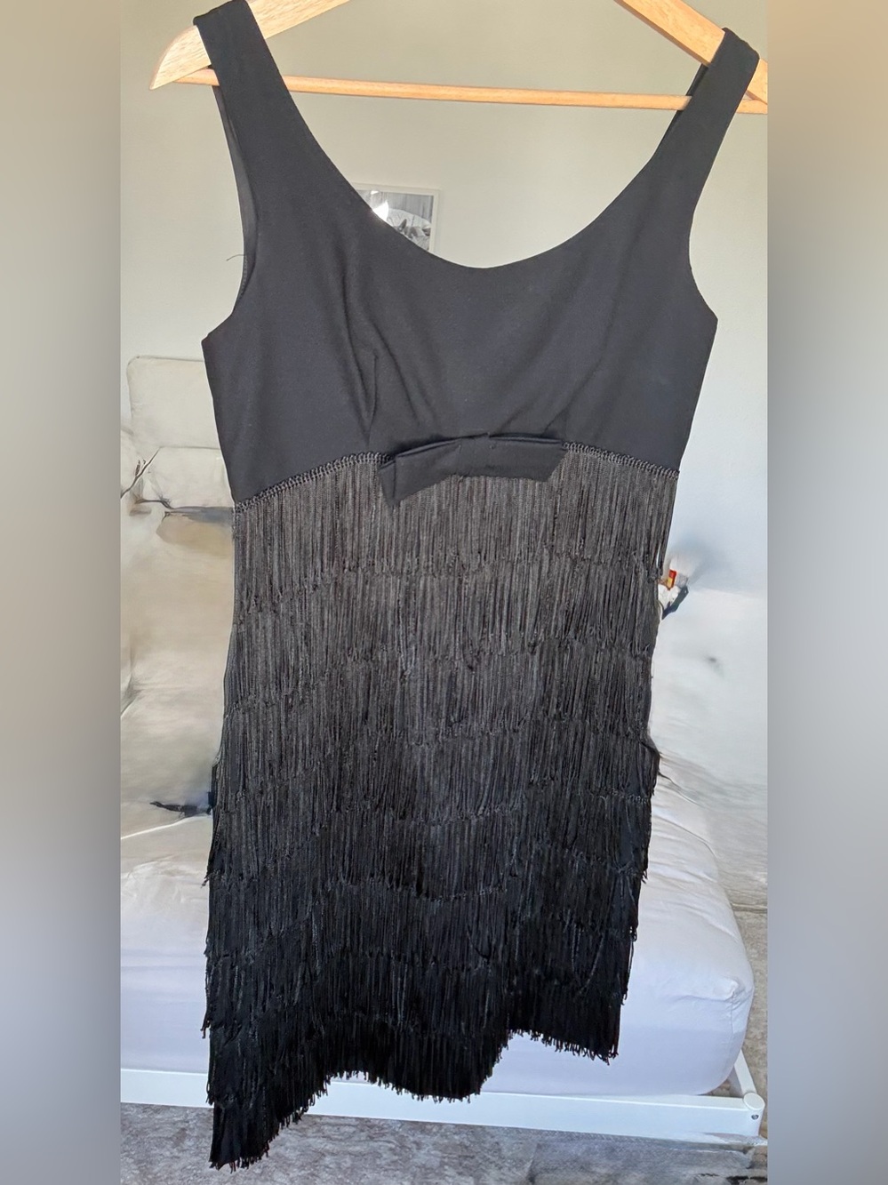 Vintage LBD Black Fringe Cocktail Dress with Bow XS/S